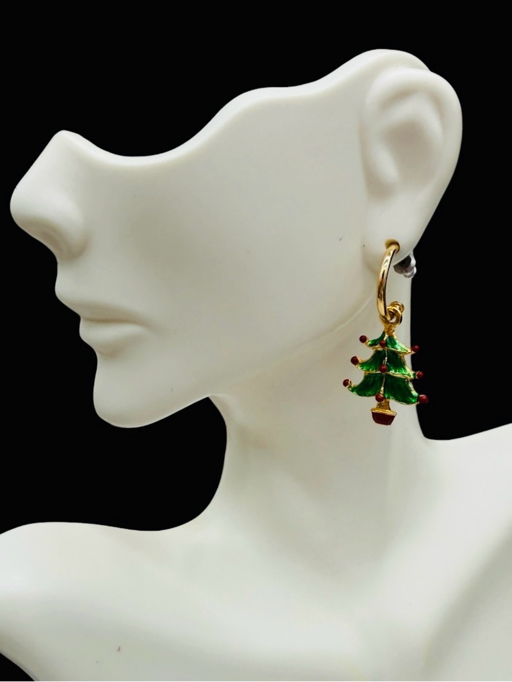 Vintage Christmas Tree Hoop Dangle Earrings- Red & Green Enameled Trees on Gold